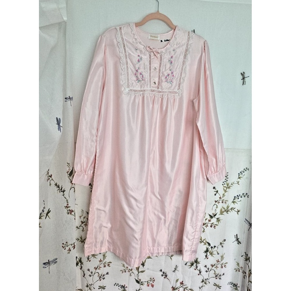 Vintage Barbizon Nightgown Pastel Pink Satin Prairie Cottage Lace Granny Nightie